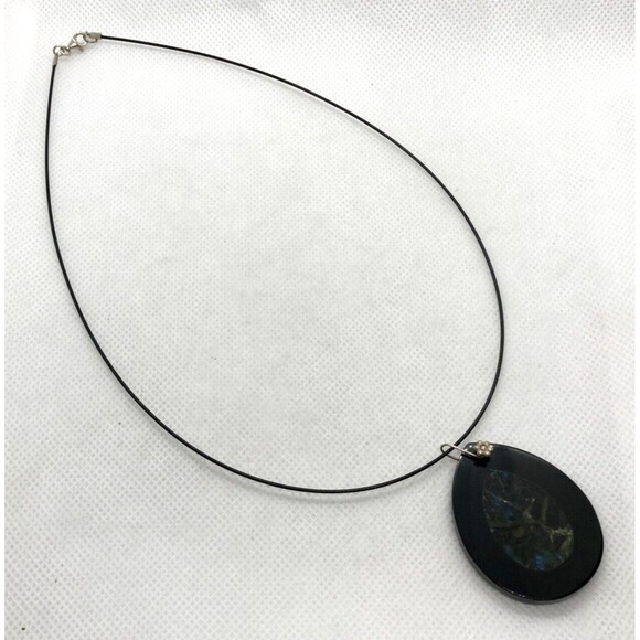 Vintage Labradorite Stone Inlay Pendant 18.5'' Necklace Sterling 925 Silver 16g - Picture 2 of 8
